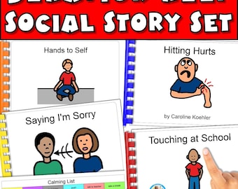 Historias sociales sobre el comportamiento autista, golpes y autocontrol, cómo calmarse, pedir disculpas, tocar, habilidades sociales, apoyos visuales para educación especial.