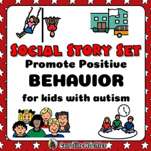 Puede incluir: Una ilustración colorida de un conjunto de historias sociales para promover un comportamiento positivo en niños con autismo. La imagen presenta niños jugando en un columpio, un autobús escolar y un aula. El texto "SOCIAL STORY SET Promote Positive BEHAVIOR for kids with autism" se muestra en negrita, en letras negras.