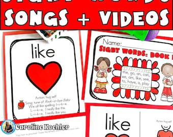 Canciones y hojas de trabajo para aprender palabras de uso frecuente, práctica de lectura para jardín de infantes, fonética multisensorial, tarjetas didácticas del abecedario, música, videos, currículo de educación especial.