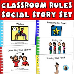 Classroom Rules Social Stories for Autism Printable Raise Hand Waiting Line Up Noise Control Behavior Expectations SPED Visuals