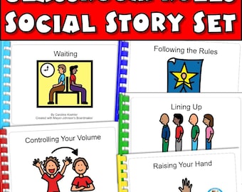 Reglas del aula Historias sociales para el autismo Imprimible Levantar la mano Hacer fila Control del ruido Expectativas de comportamiento Visuales de educación especial