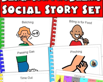Storie sociali sull'autismo per mordere, pizzicare e toccare in modo appropriato / storie di comportamenti calmanti come ruttare e scoreggiare. Supporti visivi per l'educazione speciale.