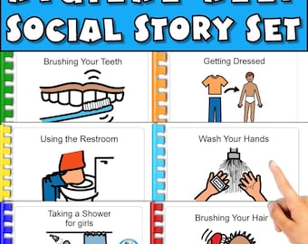 Conjunto de historias sociales imprimibles sobre higiene en el baño para niños con autismo: rutina para ir al baño, lavarse las manos, cepillarse los dientes y ducharse. Apoyos visuales para niños con necesidades educativas especiales.