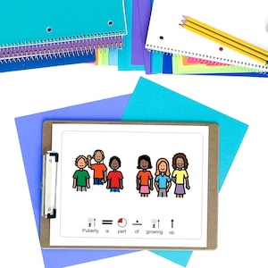 Puede incluir: Un portapapeles con una ilustraci&oacute;n impresa de seis ni&ntilde;os de dibujos animados diversos. El texto en la parte inferior dice: "La pubertad es parte del crecimiento". Cuadernos y papel de colores en el fondo.