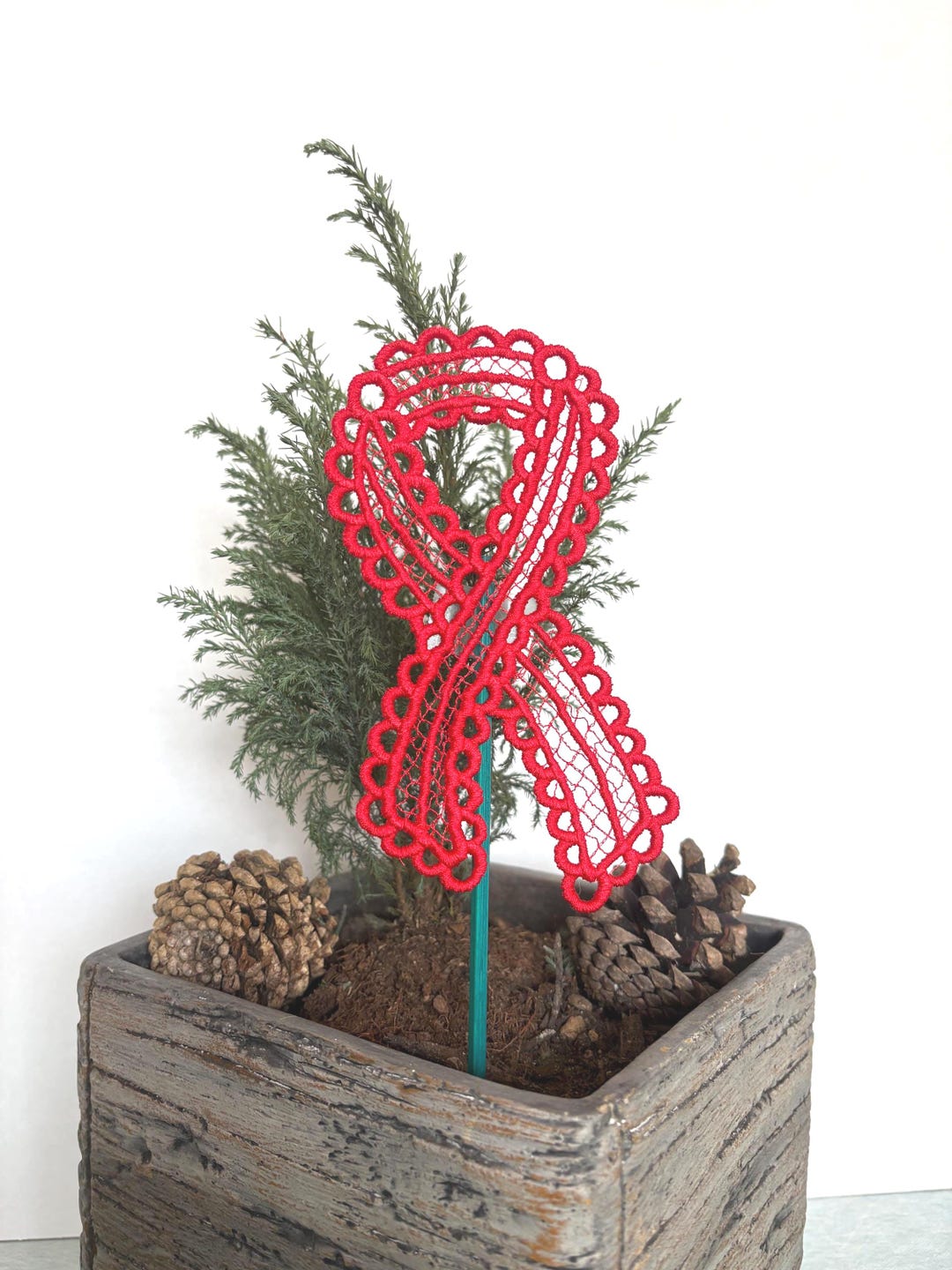 Embroidered Awareness Ribbon Plant Stake – Handmade Lace Ribbon Marker ...