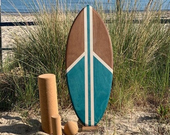 Handmade woodybalance Board PEACE+Stand option: Cork roll, beginner & professional balance board, surf, skate, snowboard feeling, gift idea