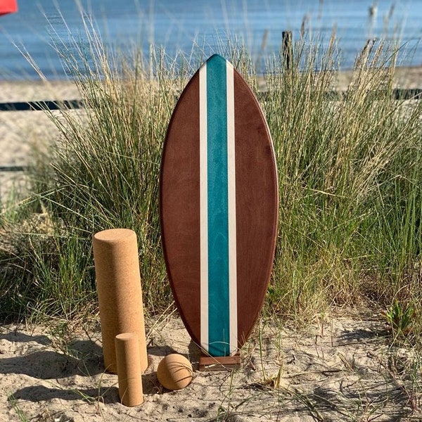 Handmade woodybalance board OCEAN+ stand, cork roll, beginner & professional balance board, surf, skate, snowboard feeling, top gift idea