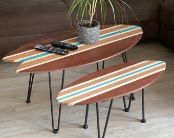 Balanceboard Couchtisch mit abnehmbaren Tischbeinen, boarde oder bestaune Dein Board, optional mit Korkrolle, Surfbrett Tisch | woodybalance