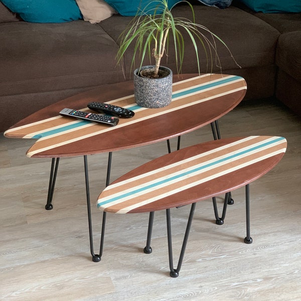 Balanceboard Couchtisch mit abnehmbaren Tischbeinen, boarde oder bestaune Dein Board, optional mit Korkrolle, Surfbrett Tisch | woodybalance