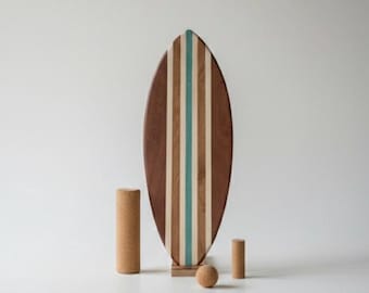 Planche d'équilibre en bois faite à la main + support/rouleau en liège pour débutants et professionnels, sensation surf, skate et snowboard, excellente idée cadeau