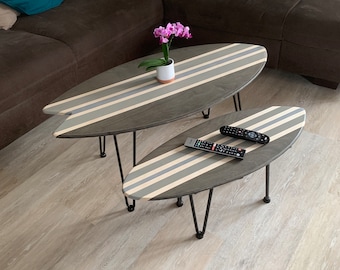 Balance board coffee table with removable table legs, board or admire your board, including cork roll, surfboard table | woodybalance