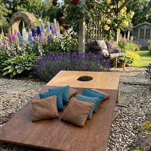 Wooden cornhole set including 8 beanbags – 2 sizes available – Handmade outdoor game for garden & wedding – Two-tone design