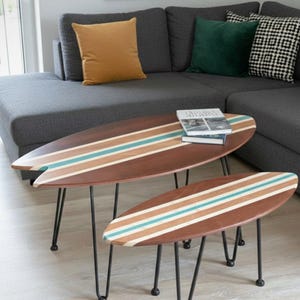 Balanceboard Couchtisch, Surf Tisch, Kaffee Tisch, Wohnzimmer Tisch, boarde oder bestaune Dein Board, Surfbrett Tisch | woodybalance
