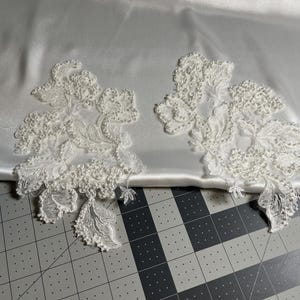Off White Floral Beaded Symmetrical Applique Patches, Corded with White Pearlescent Beads