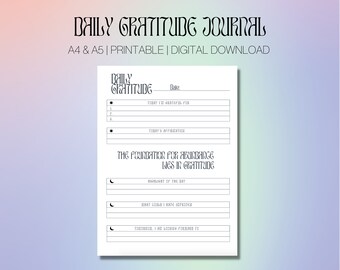 May include: Printable daily gratitude journal with a black and white design. The journal includes sections for listing things you are grateful for, today's affirmations, highlight of the day, what goals you have, and things you are looking forward to.