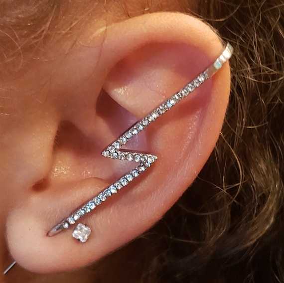 Sterling Silver CZ Lightning Bolt Ear Climber Earrings Sterling Silver CZ Lightning Bolt Ear Climber Earrings