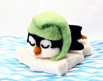 Needle Felted Sleeping Penguin, Handmade Miniature, Baby Penguin, Display Toy, Gift, Collectible, Ornament, Sculpture, Accessory, Trinket