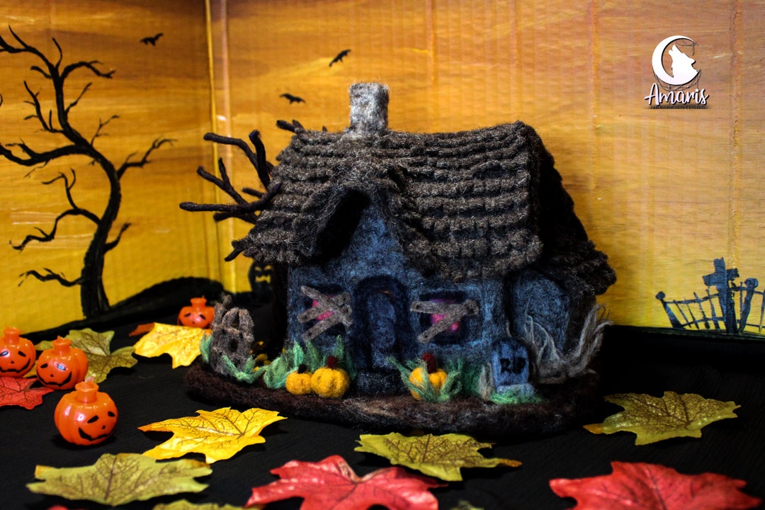Needle Felted Haunted House With Lights Handmade Miniature Etsy