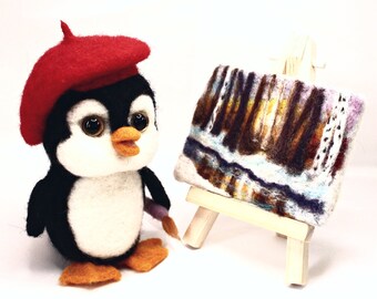 Needle Felted Painting Penguin, Handmade Miniature, Baby Penguin, Display Toy, Gift, Collectible, Ornament, Sculpture, Accessory, Trinket