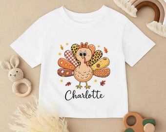 Girls Personalized Thanksgiving Turkey Shirt, Coquette Bow Top