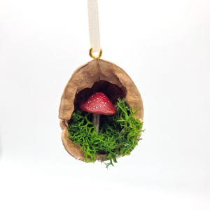 Handmade Rustic Walnut Shell Ornament With Red Mushroom