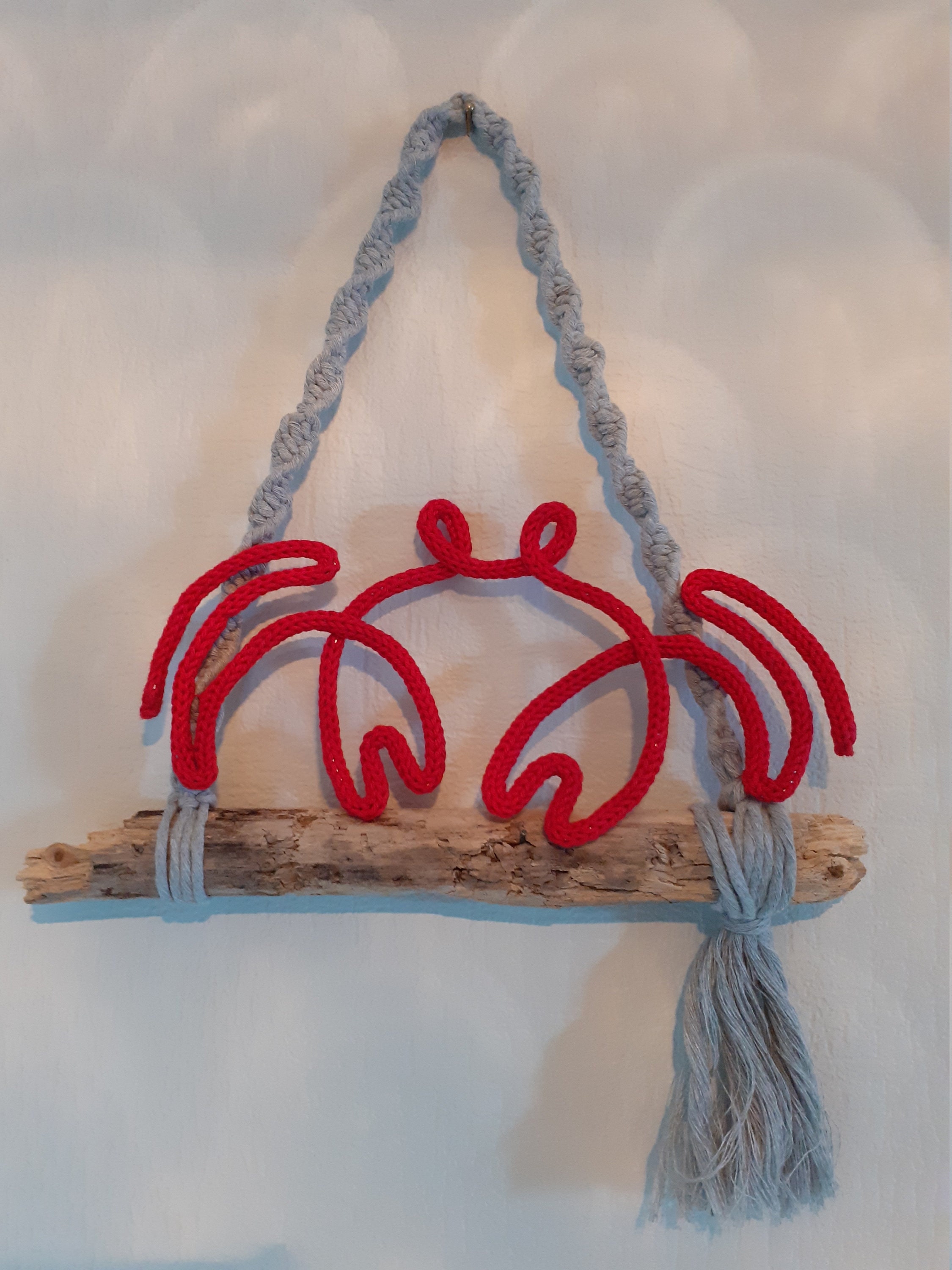 Crabe en Tricotin, Finition Macramé et Bois Flotté, Fait Main Bretagne