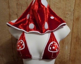Mush Love Mushroom bikini top with removable hood