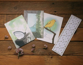 Nature Illustrations - Butterfly Bird Landscape - Cards and Bookmarks