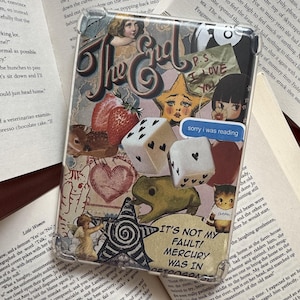 May include: Transparent phone case with a collage design. It features vintage images like dice, strawberries, and the phrases "The End" and "It's Not My Fault! Mercury Was In". Includes the text "sorry I was reading".