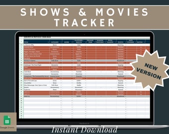 May include: A Google Sheets spreadsheet on a laptop screen with the title "Shows & Movies Tracker". The spreadsheet is organized into columns with headings such as "Title", "Category", "Genre", "Platform/Service", "Release Year", "Seasons Watched", "Total Seasons", "Status", "Date Finished", and "Rating".
