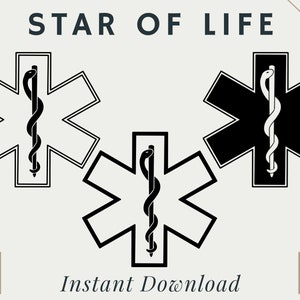 May include: Three black and white versions of the Star of Life medical symbol. The symbol is a six-pointed star with a snake wrapped around a staff in the center. The text "STAR OF LIFE" is at the top of the image. The text "Instant Download" is at the bottom of the image. The image also includes icons for PNG and SVG file formats.