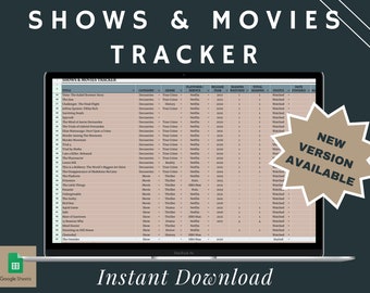 May include: A laptop screen displaying a Google Sheets spreadsheet titled "Shows & Movies Tracker". The spreadsheet is a list of shows and movies with columns for title, category, genre, platform, release year, seasons watched, total seasons, status, date finished, and notes. A red star icon is visible in the bottom right corner of the screen.