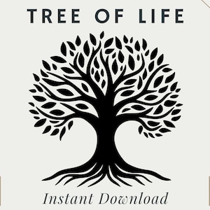 Puede incluir: Silueta en blanco y negro de un árbol de la vida con un tronco grueso y muchas ramas. El árbol tiene una gran copa de hojas y raíces profundas.