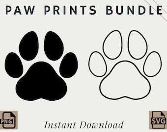 May include: A black paw print and a white outline of a paw print. The text "PAW PRINTS BUNDLE" is at the top of the image. The text "Instant Download" is at the bottom of the image. The image also includes the text "PNG" and "SVG" in the bottom corners.