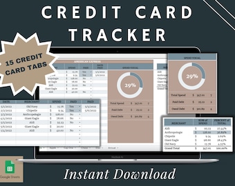 May include: A laptop screen displaying a Google Sheets spreadsheet with a credit card tracker template. The spreadsheet has tabs for 15 different credit cards. The spreadsheet includes columns for date, merchant, spend, paid, and paid date. The spreadsheet also includes a visual representation of spending, showing a pie chart with a percentage of 29%. The spreadsheet includes a summary table showing the total spend, paid debt, and owed debt. The spreadsheet also includes a table showing the sum of spend and percentage of total for each merchant.
