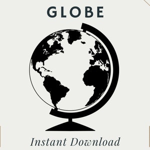 Może przedstawiać: Czarno-biała sylwetka globusa z podstawą. Globus jest wyśrodkowany na obrazie, a tekst "GLOBE" znajduje się nad nim. Tekst "Natychmiastowe pobieranie" znajduje się pod globusem. Teksty "PNG" i "SVG" znajdują się w dolnych rogach obrazu.