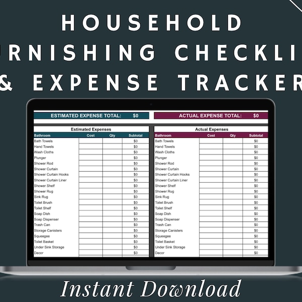 Household Furnishing Checklist & Budget Tracker Template Spreadsheet | Google Sheets | Digital Download