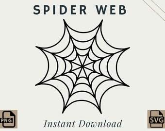 May include: A black spider web design on a cream background. The words "SPIDER WEB" are at the top, and "INSTANT DOWNLOAD" is at the bottom. A PNG and SVG icon are in the corners.