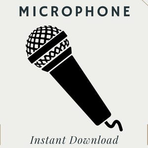Puede incluir: Silueta en blanco y negro de un micrófono con un patrón de cuadrícula en la cabeza. La palabra "MICROPHONE" está sobre el micrófono.