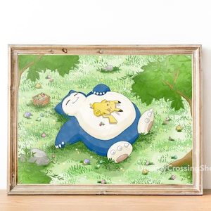 Snorlax i Pikachu 8 x 10 cali Wydruk - Akwarelowa ilustracja Pokémon - Sztuka ścienna