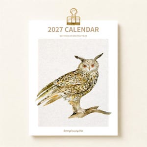 May include: A 2027 calendar featuring watercolour bird paintings, specifically a brown and white owl perched on a branch. The text 2027 CALENDAR and WATERCOLOUR BIRD PAINTINGS is printed at the top, with DreamyCrossingShop at the bottom.
