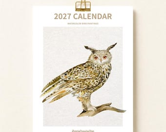 Calendario da parete con uccelli del 2027, illustrazioni di uccelli ad acquerello, regalo per amanti della natura e decorazione in stile rustico.