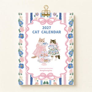 Calendario de pared de gatos 2027, Fiesta del té de la tarde para gatos, Arte cottagecore de coqueta en acuarela