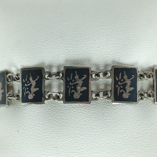 Vintage Sterling Silver Siam Niello Dancers Black Panel Link Bracelet