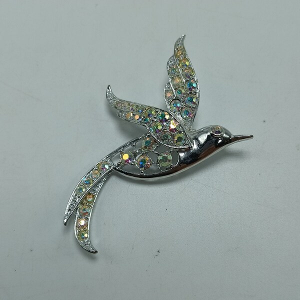 Vintage Sarah Coventry Bird of Paradise AB Rhinestone Silver Tone Brooch Pin