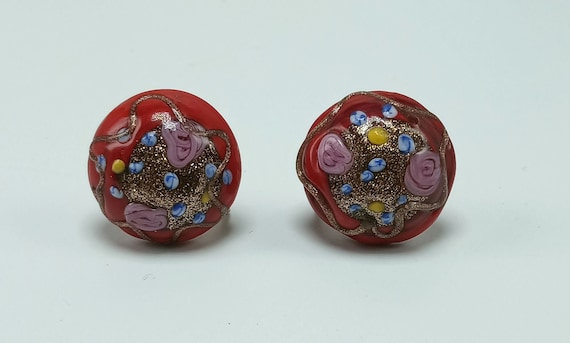 Vintage red Glass Venetian Wedding Cake Style Earrings with Gold and Floral Decorations