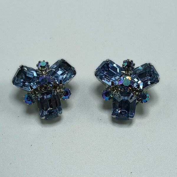 Vintage Signed Weiss Blue Aurora Borealis and Blue Rhinestone Earrings