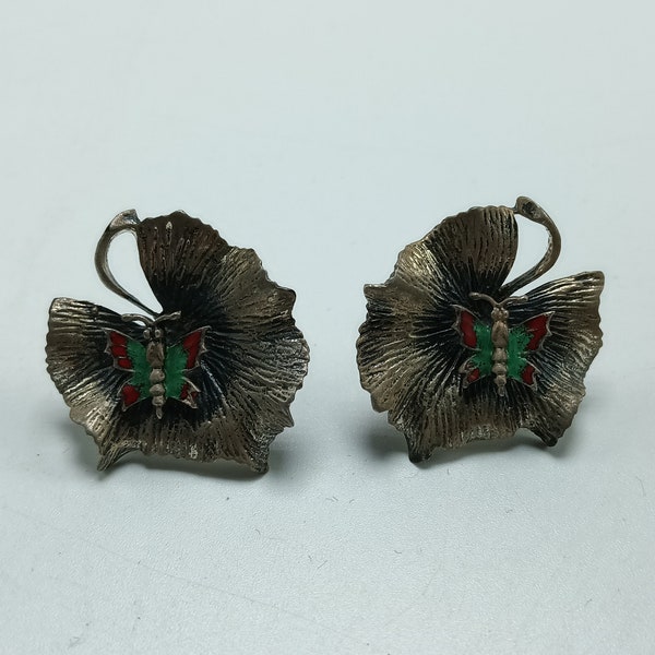 Vintage Sterling Silver Walter Lampl Leaf Earrings with Enamel Butterflies