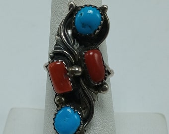 Vintage Sterling Silver Navajo Southwestern Large Turquoise and Coral Ring Stamped FA Size 6 1/2