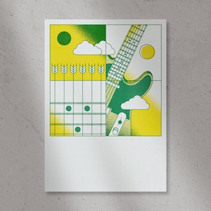 Puede incluir: Una ilustración abstracta verde y amarilla de una guitarra con un patrón de cuadrícula y nubes. La guitarra está parcialmente oculta por el patrón de cuadrícula.